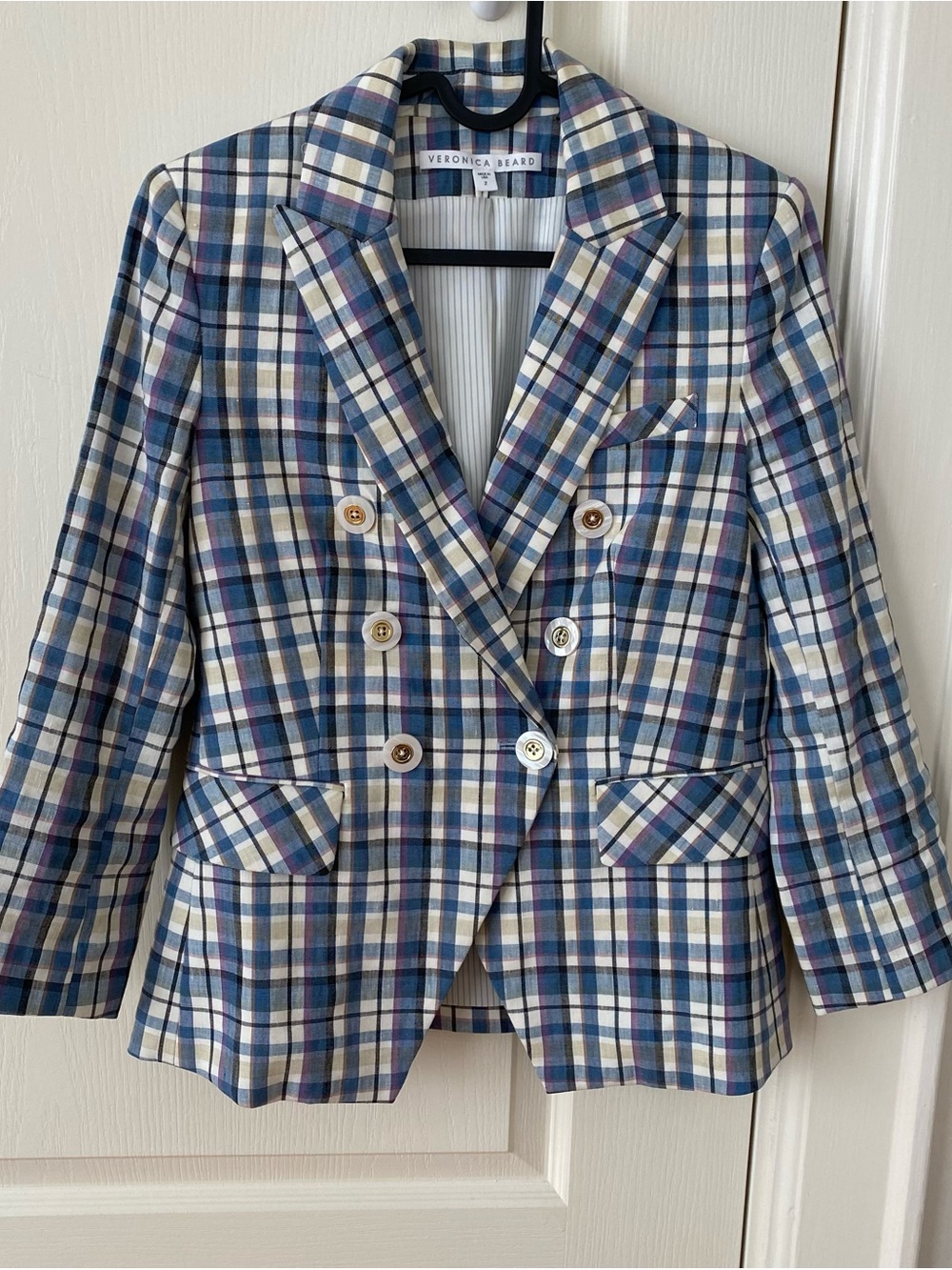 $695 Veronica Beard Empire Plaid Linen Double-breasted Dickey Jacket Blazer 2